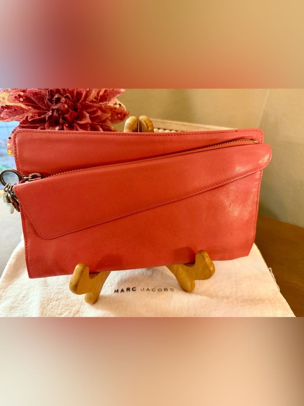Marc JacobsUnique Coral Leather Fold Over Clutch with Adorable Attached Kisslock